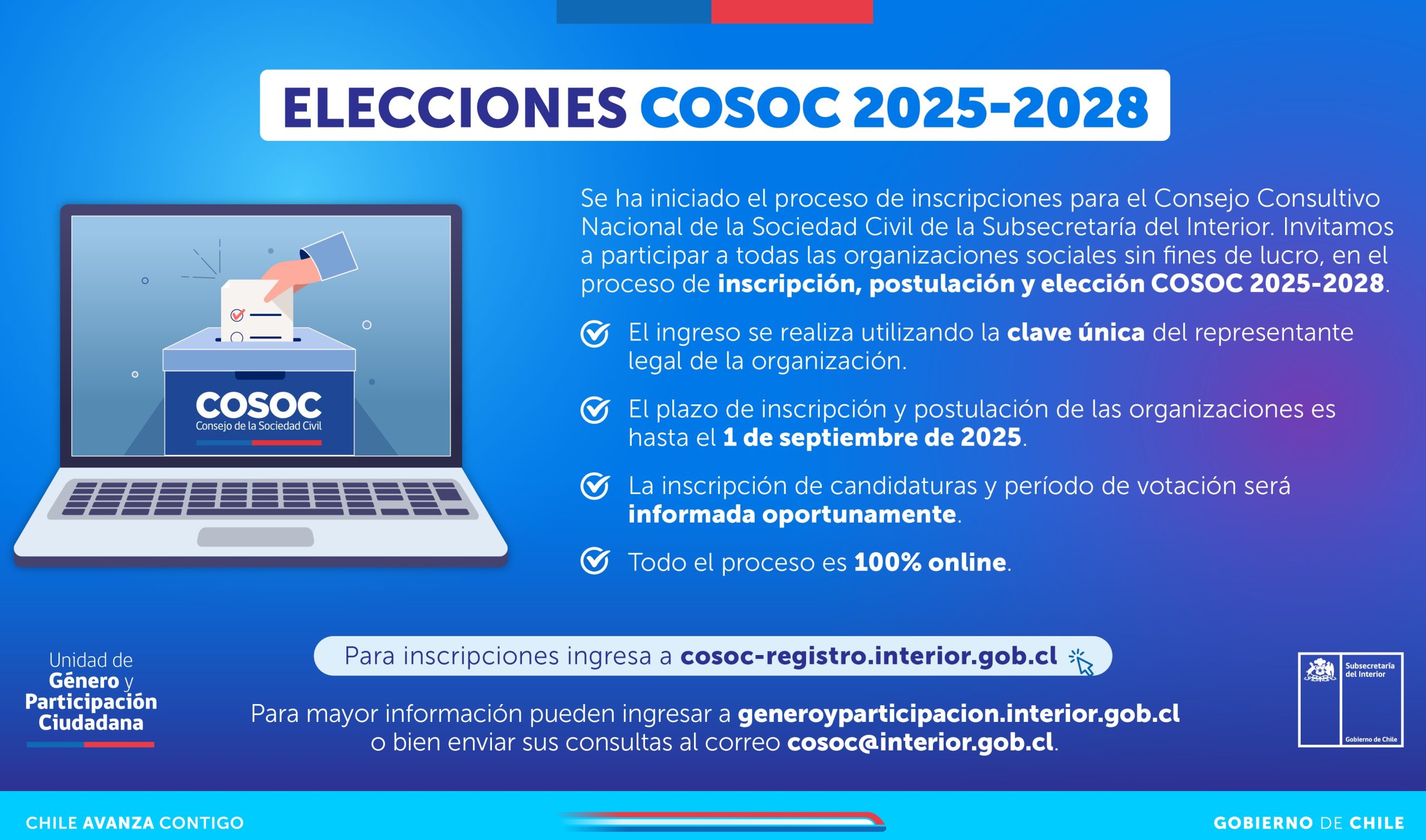 Convocatoria pública para inscripción de organizaciones sociales: Proceso de elecciones COSOC 2025 – 2028 Subsecretaría del Interior